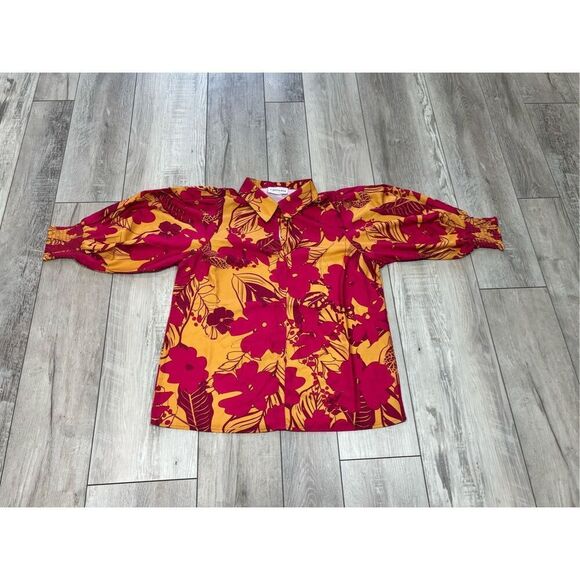 First Love hot pink and mustard floral blouse size S - Picture 8 of 12